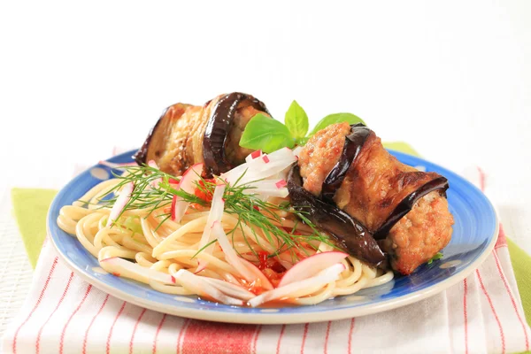 Meatballs wrapped in eggplant and spaghetti — Stock Photo, Image