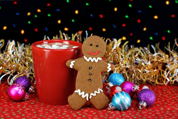Kakao och en Pepparkaka cookie i natt miljö med jul l — Stockfoto