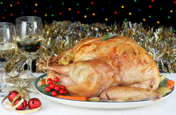 Whole Roasted, Stuffed Turkey in an Evening Christmas Setting — Stock Photo, Image
