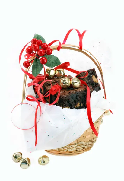 stock image Fudge and peanut butter chip brownies in a gift basket on white
