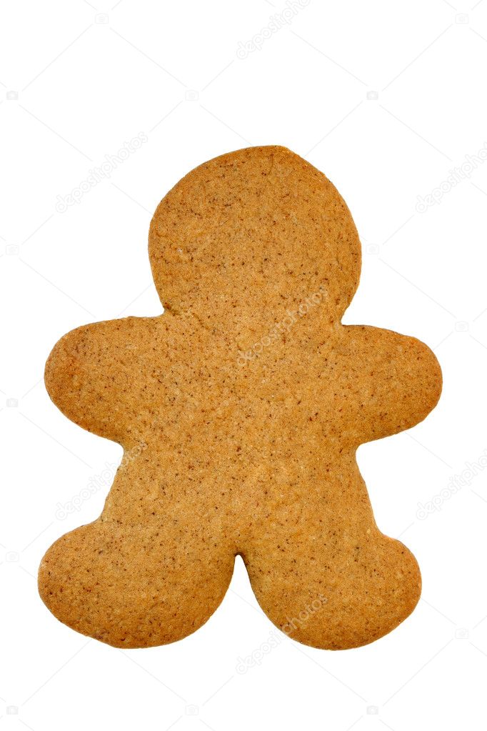 One plain blank gingerbread cookie on white with copy space.