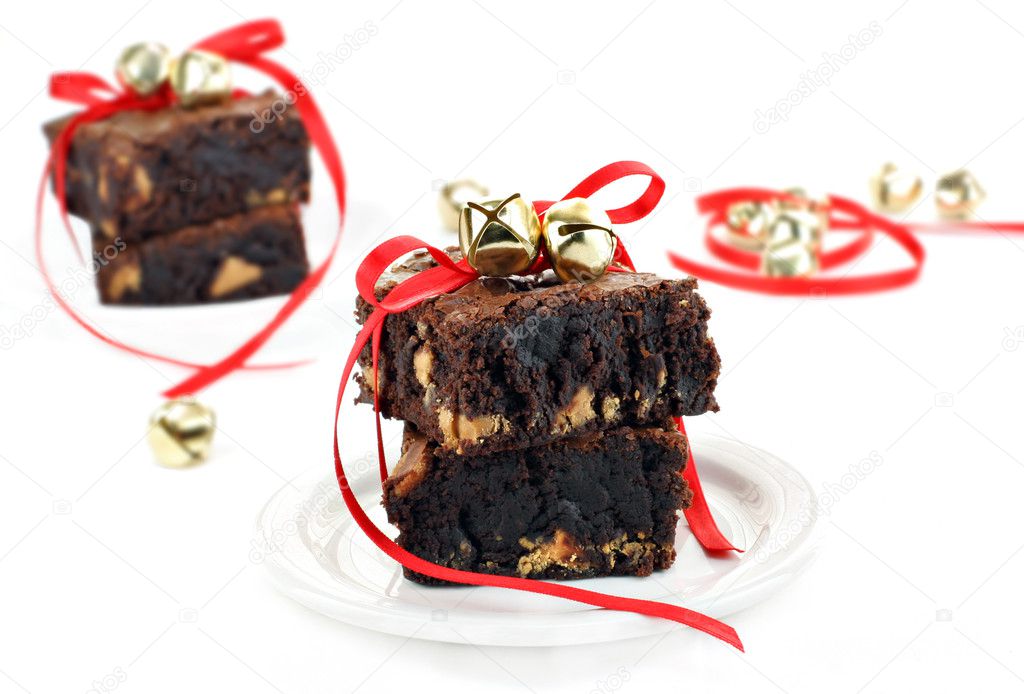 Chocolate Fudge Peanut Butter Brownies with Christmas Ribbons an