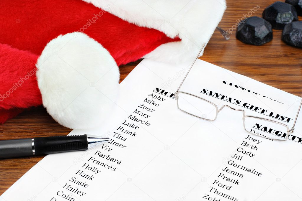 Santa's Naughty and Nice gift list with glasses and hat.