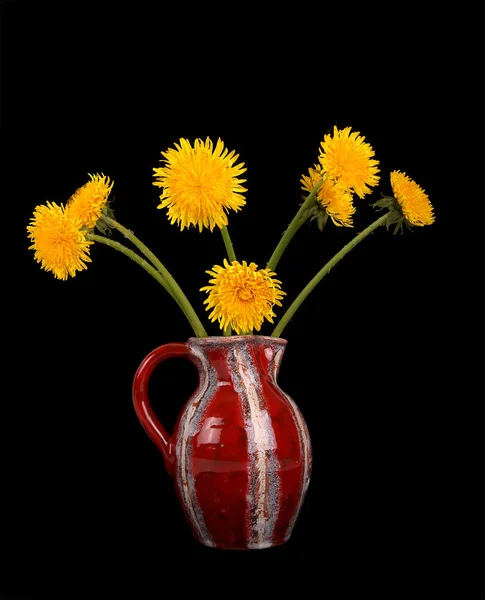 Fiori di tarassaco in un vaso su uno sfondo nero — Foto Stock