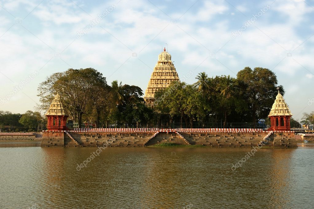 Traditional Hindu temple on lake