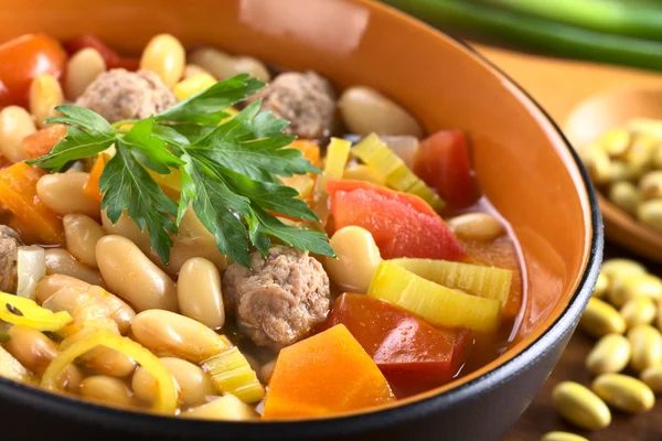 金丝雀豆汤与肉丸子 — 图库照片