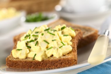 tost ekmeği üzerine chives ile yumurta salatası