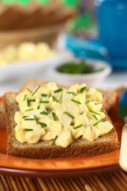 tost ekmeği üzerine chives ile yumurta salatası