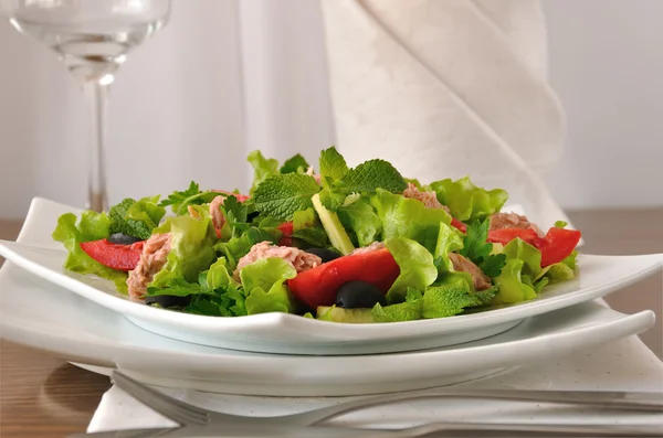 Салат с тунцом, овощами и мятой — стоковое фото