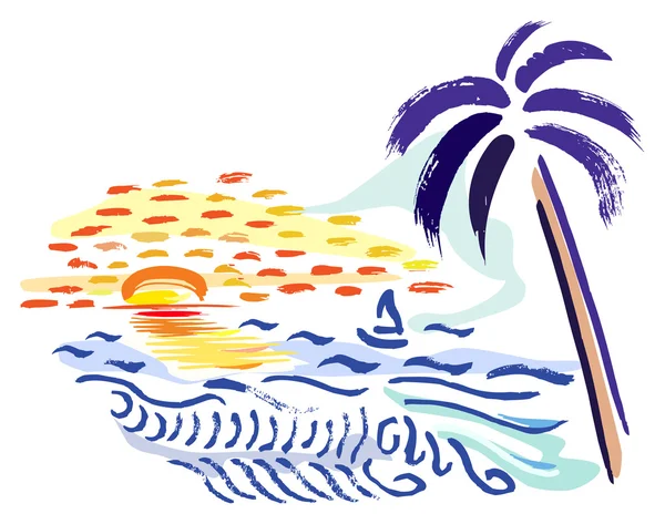 Palmier, coucher de soleil et mer — Image vectorielle