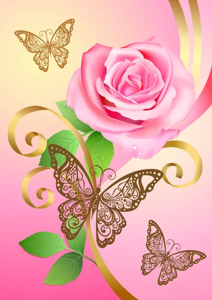 Carte postale Saint-Valentin avec rose, papillons et rubans — Image vectorielle