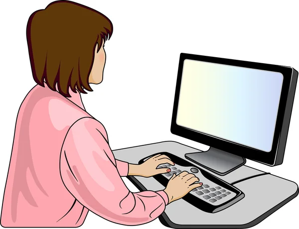 Mujer-programador cerca de una computadora — Vector de stock
