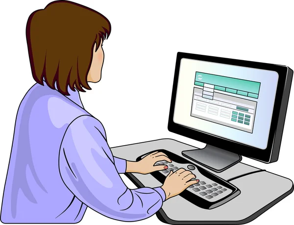 Femme programmeuse près d'un ordinateur — Image vectorielle