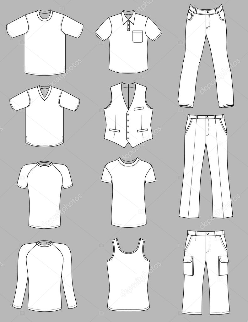 Man clothes summer greyscale collection isolated on white