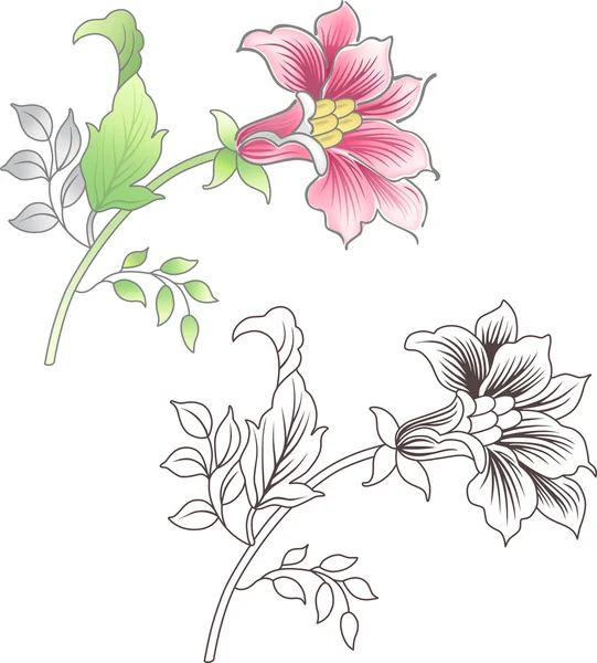 Rosa y flor delineada, fondo floral — Vector de stock