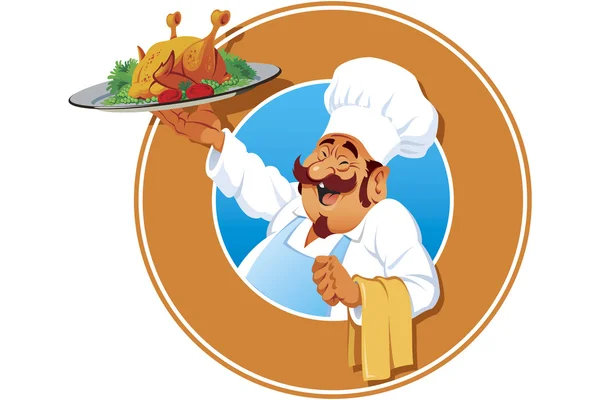 THE JOLLY COOK WITH A ROASTED CHICKEN — Stock Vector