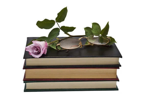 Rose, kniha a brýle. — Stock fotografie