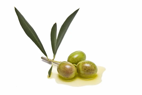 Three olives covered in oil. — Stock Photo, Image