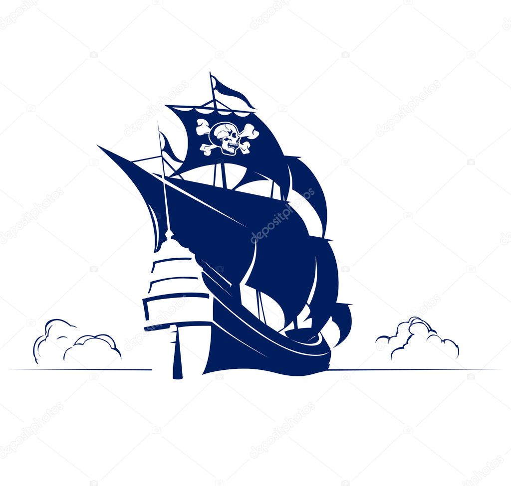 Pirate retro ship with skull and bones flag