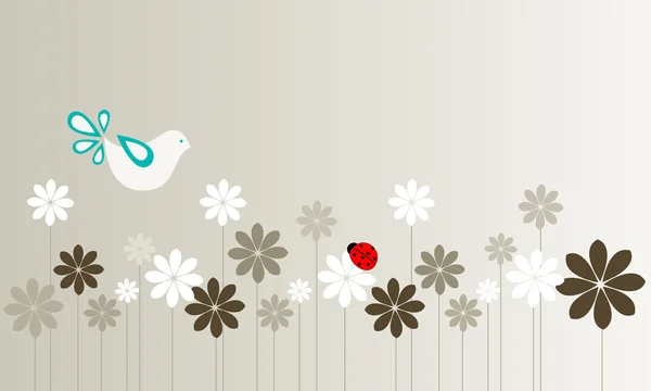 Carino uccello autunnale e fiori con illustrazione coccinella — Vettoriale Stock