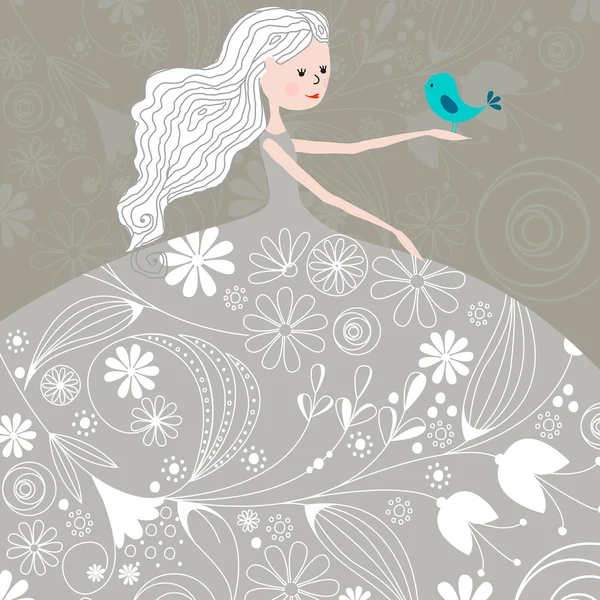 Mignon hiver fille avec oiseau — Image vectorielle