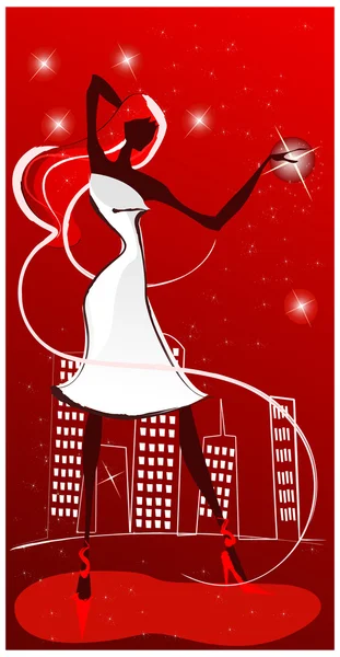 Elegant woman in front of cityscape — Stock Vector