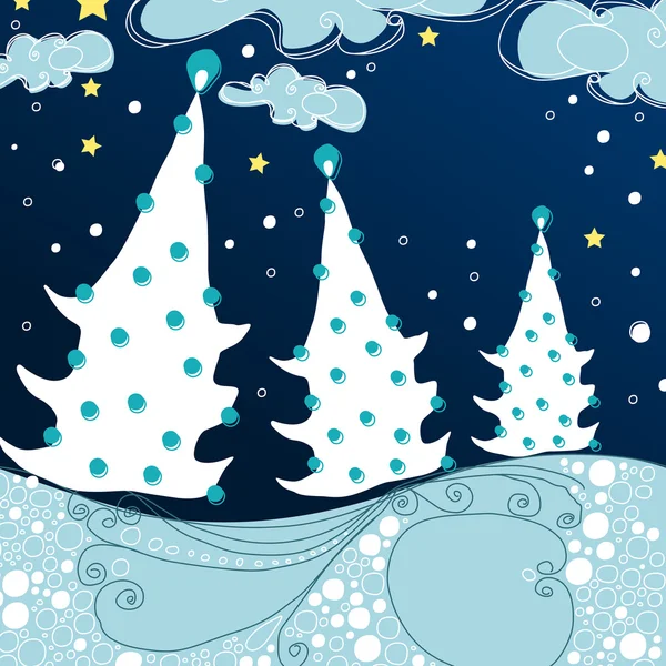 Linda tarjeta de felicitación - Bosque de Navidad por la noche — Archivo Imágenes Vectoriales