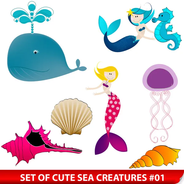 Векторный набор милых морских существ — стоковый вектор