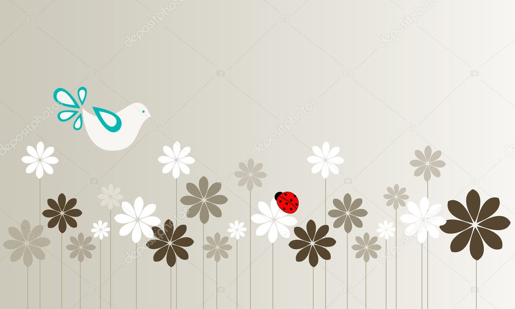 Cute autumn bird and flowers with ladybug illustration