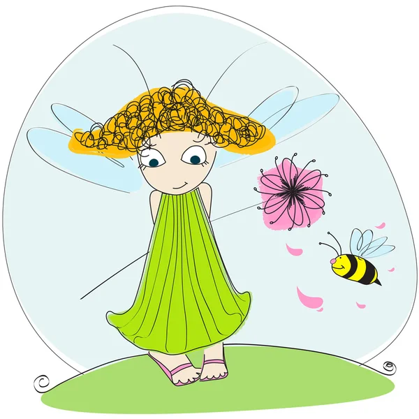 Мила фея з квіткою і бджолою — стоковий вектор