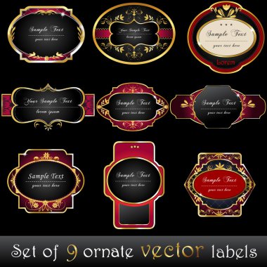 Set of elegant, dark, gold-framed labels clipart