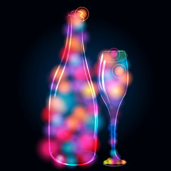 Brillante botella de champán y vidrio — Vector de stock