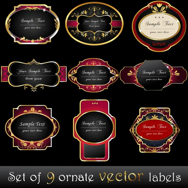 Conjunto de etiquetas elegantes, oscuras, enmarcadas en oro — Archivo Imágenes Vectoriales