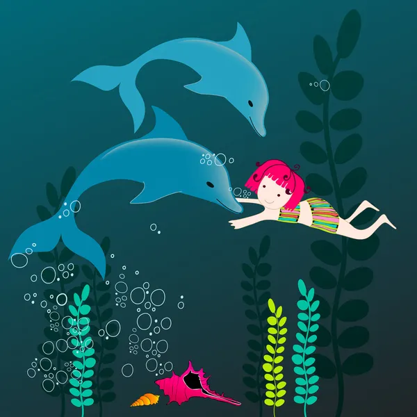 可爱的海豚和女孩 — 图库矢量图片