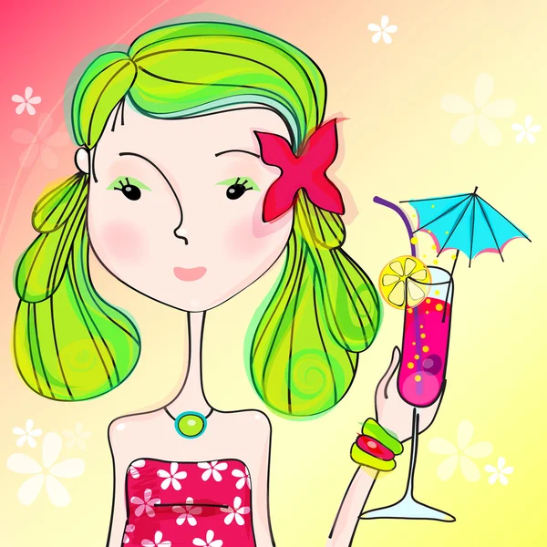 Jolie fille avec verre à cocktail — Image vectorielle