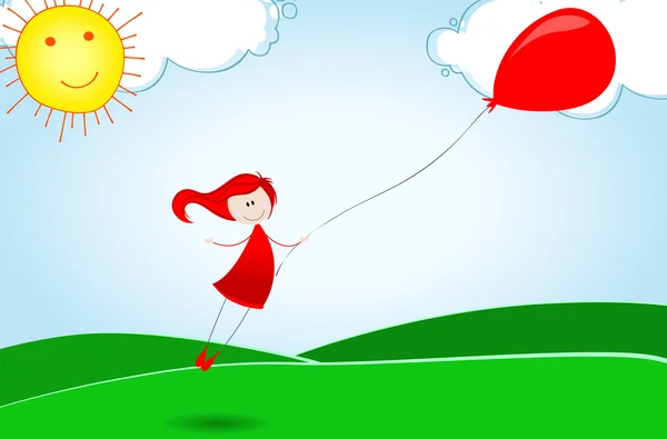 Linda chica volando lejos con globo — Vector de stock