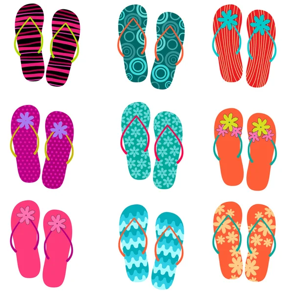 Instellen van leuke, kleurrijke plezier flip flops — Stockvector