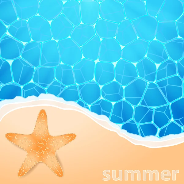 Летняя иллюстрация с океаном, пляжем и морской звездой — стоковый вектор