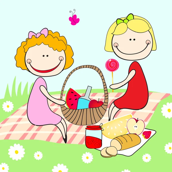 Cute girls on a summer picnic — Stock Vector