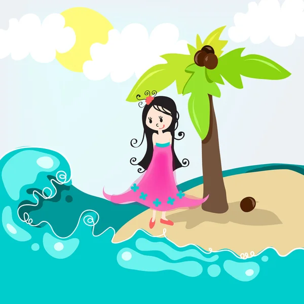 可爱的女孩对一个热带海滩 — 图库矢量图片