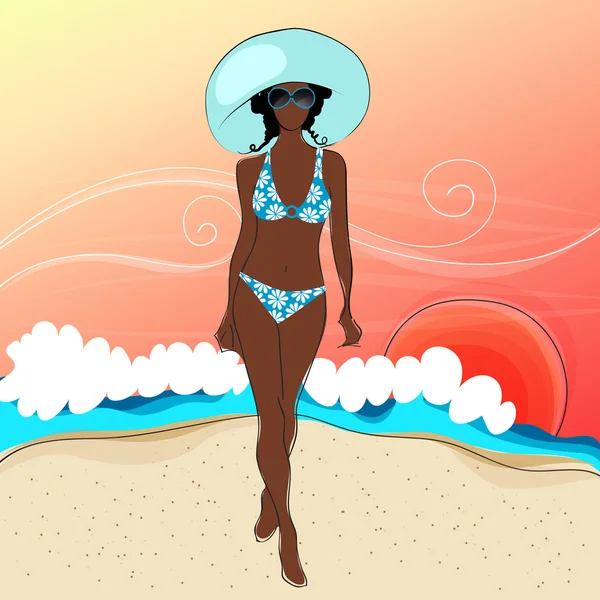 Vacker kvinna på strand — Stock vektor
