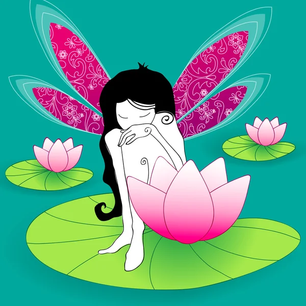 Schöne Fee Mädchen sitzt Lotusblumen — Stockvektor