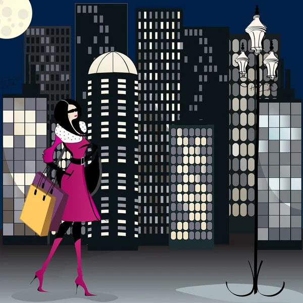 Elegante ilustración de mujer de compras — Vector de stock