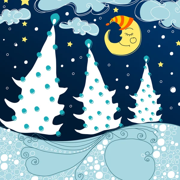 Niedliche Grußkarte - Weihnachtswald bei Nacht — Stockvektor