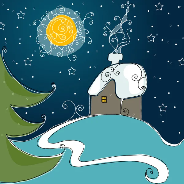 Jolie maison d'hiver la nuit — Image vectorielle