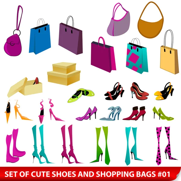 Conjunto de sapatos elegantes e sacos de compras ilustração — Vetor de Stock