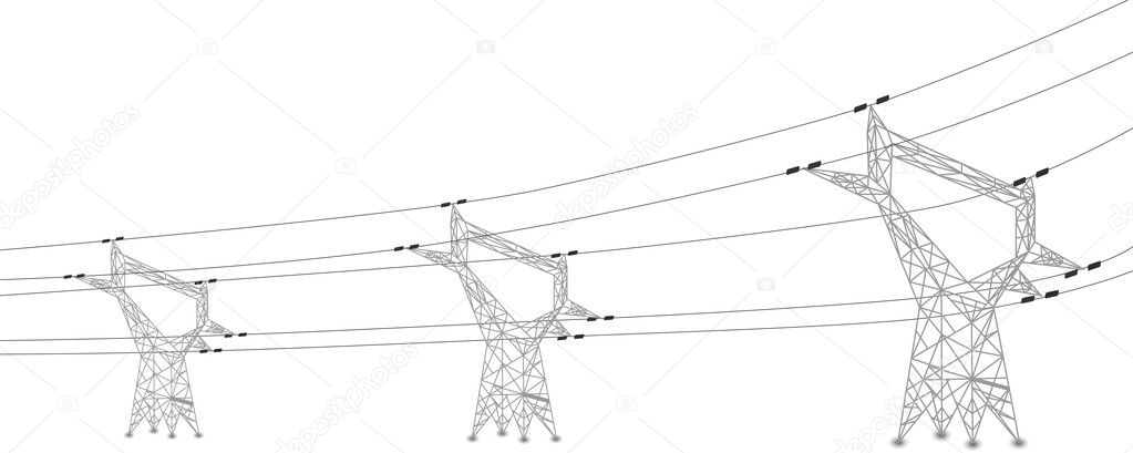 Silhouette of power lines and electric pylons