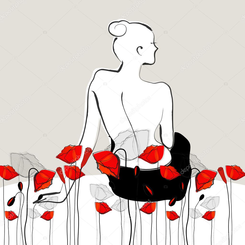 Beautiful poppies background with woman