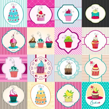 Set of cute retro cupcake cards clipart