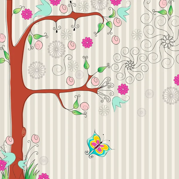 Bel arbre floral printanier avec des papillons — Image vectorielle